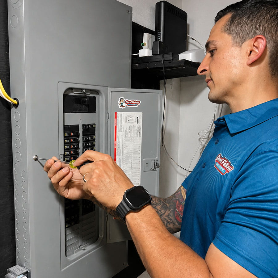 Residential electrician performing electrical services