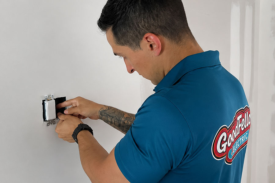 Electrician working on wall outlet in Wyckoff, NJ